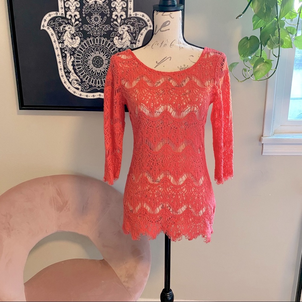 Ezra coral pink lace blouse medium